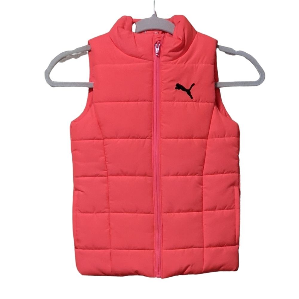 Puma puffy vest bright orange , Coral super front, outerwear, layer girls XS 5/6